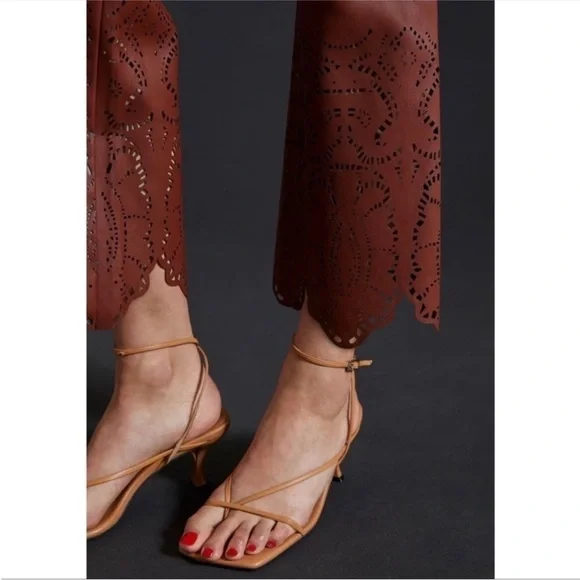 NWOT Anthropologie Laser-Cut Faux Leather Trousers Brown Size 14 Fall Autumn - Picture 17 of 17
